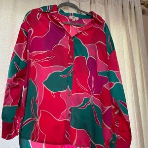Entro Vibrant Pink and Teal Floral Button-Up Blouse